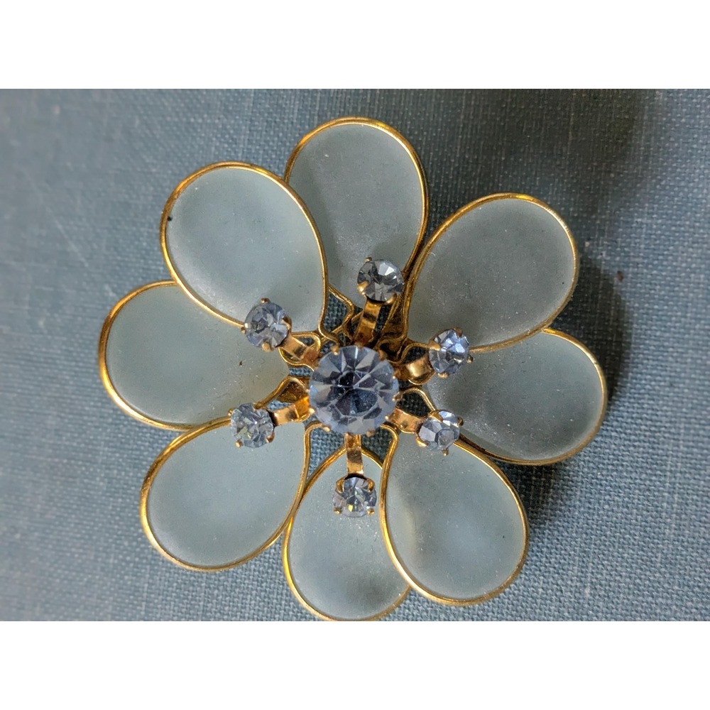 West Germany Blue Frosted Petal Flower Brooch Rhinestone Vintage Jewelry